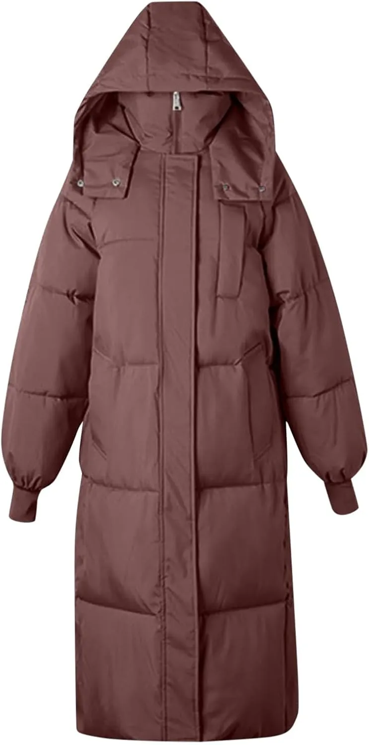 Long Puffer Coat for Women with Detachable Hood Winter Warm down Jacket Water-Resistant Thick Padded Quilted Trendy Outwear