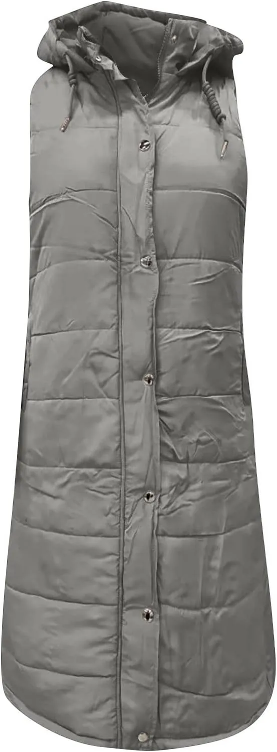 Long Puffer Vest Women Quilted Hooded Jackets Sleeveless Puffy Vest Zip Up Padded Jacket Warm Winter Coat Outerwear