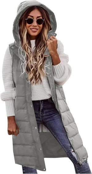 Long Puffer Vest Women Quilted Hooded Jackets Sleeveless Puffy Vest Zip Up Padded Jacket Warm Winter Coat Outerwear