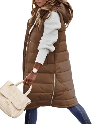 Long Puffer Vest Women Quilted Hooded Vest Zip Up Sleeveless Vests Outerwear Padded Jacket Warm Winter Coat 2024