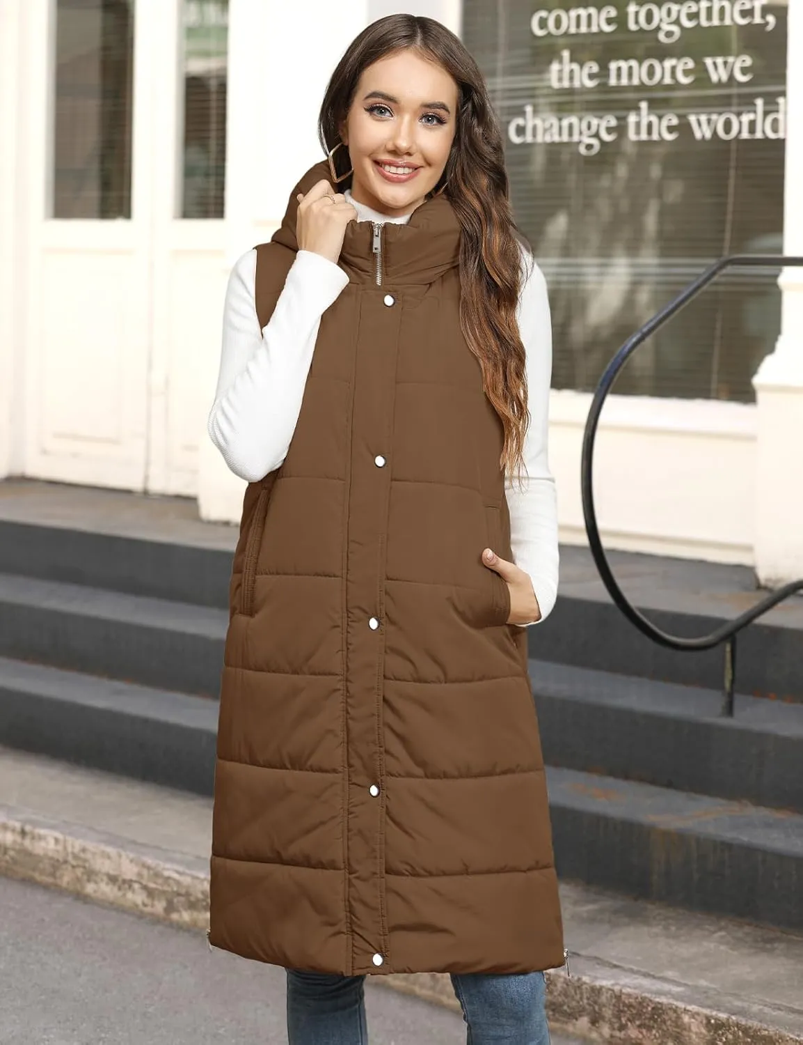 Long Puffer Vest Women Quilted Hooded Vest Zip Up Sleeveless Vests Outerwear Padded Jacket Warm Winter Coat 2024