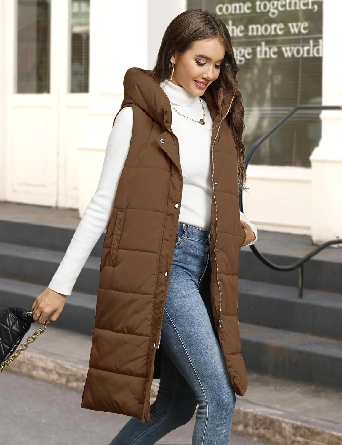 Long Puffer Vest Women Quilted Hooded Vest Zip Up Sleeveless Vests Outerwear Padded Jacket Warm Winter Coat 2024