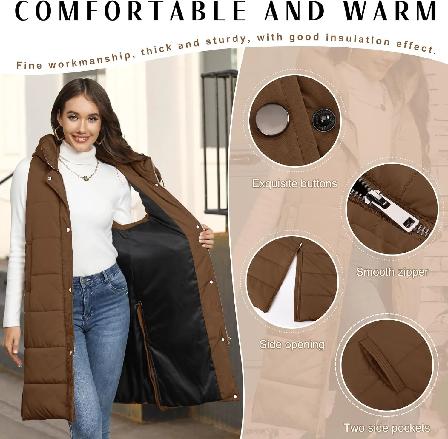 Long Puffer Vest Women Quilted Hooded Vest Zip Up Sleeveless Vests Outerwear Padded Jacket Warm Winter Coat 2024