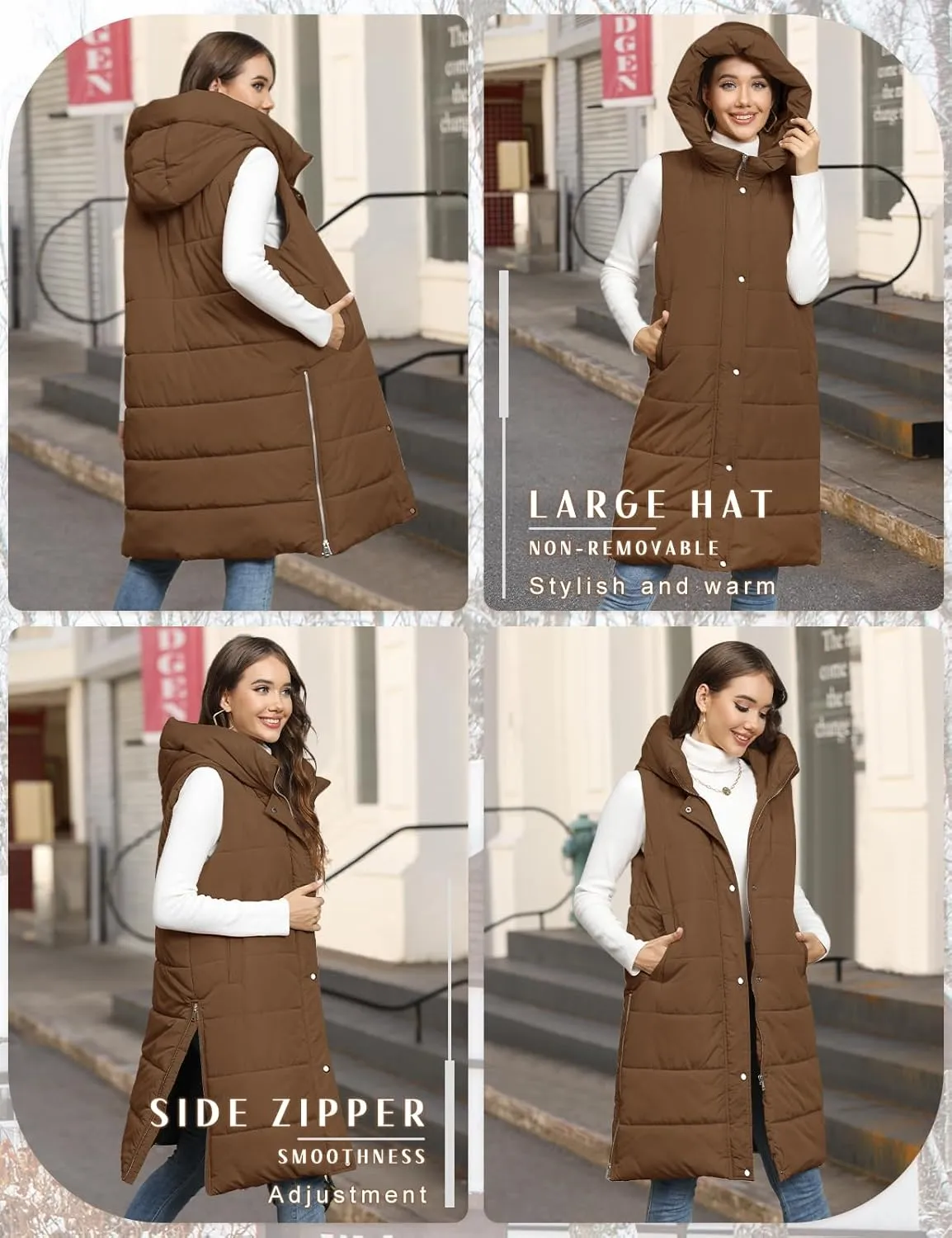Long Puffer Vest Women Quilted Hooded Vest Zip Up Sleeveless Vests Outerwear Padded Jacket Warm Winter Coat 2024