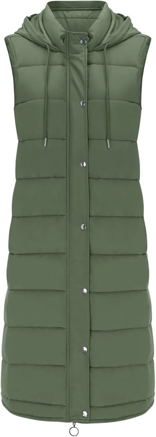 Long Puffer Vest Women Vest With Hood Sleeveless Warm Down Coat With Pockets Quilted Vest Down Plus Size Winter Long