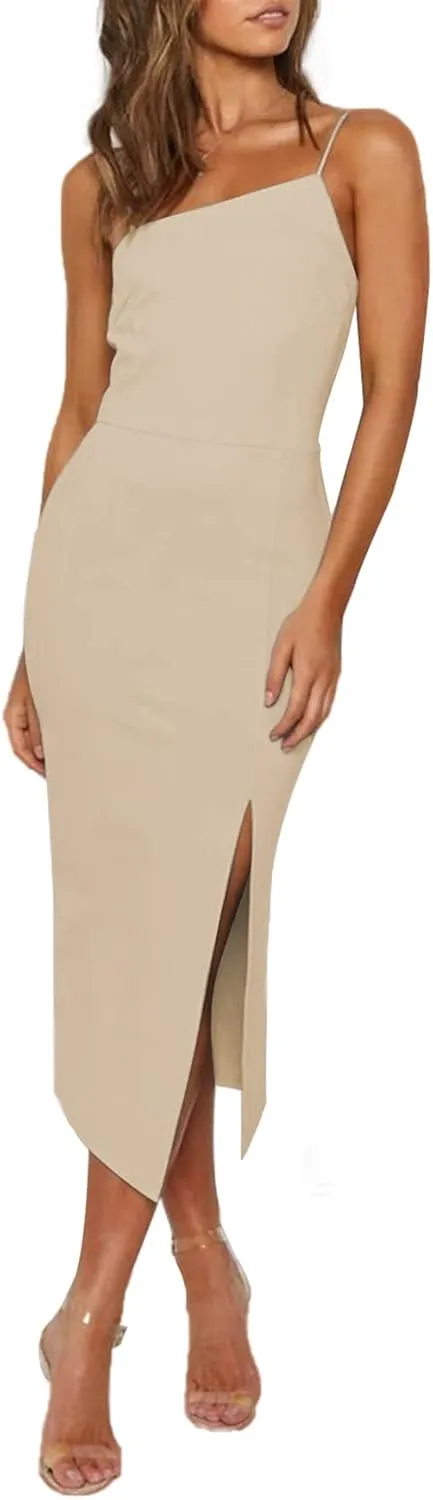 LYANER Women's Spaghetti Straps Split Hem Sleeveless Zipper Bodycon Midi Dress