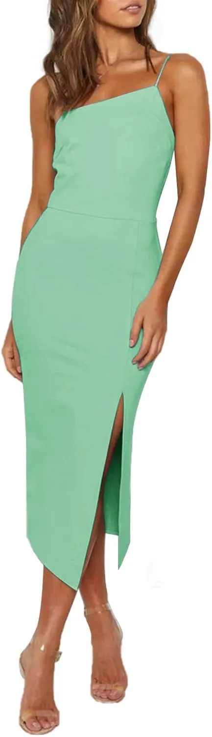 LYANER Women's Spaghetti Straps Split Hem Sleeveless Zipper Bodycon Midi Dress