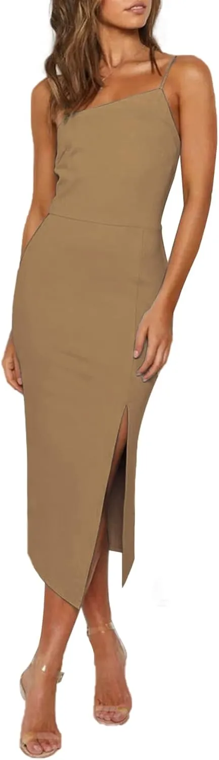 LYANER Women's Spaghetti Straps Split Hem Sleeveless Zipper Bodycon Midi Dress