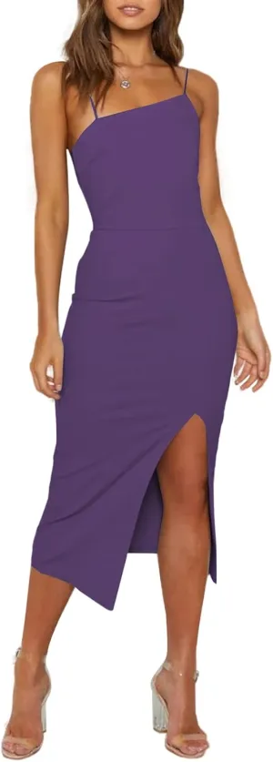 LYANER Women's Spaghetti Straps Split Hem Sleeveless Zipper Bodycon Midi Dress