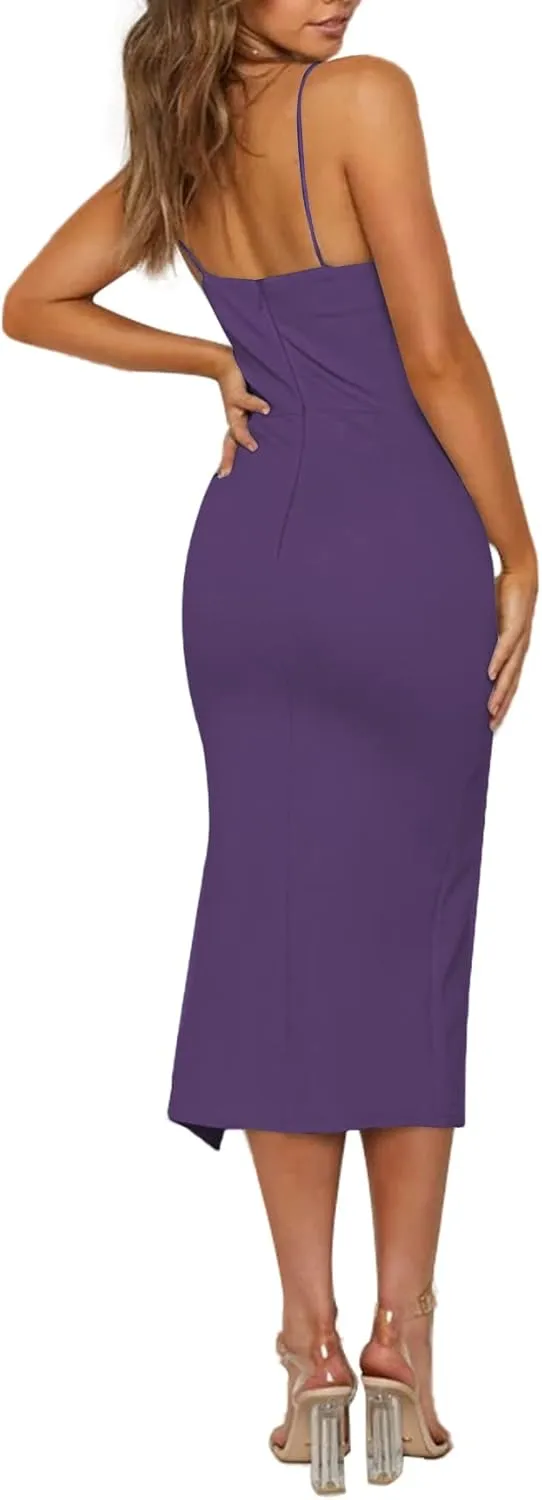 LYANER Women's Spaghetti Straps Split Hem Sleeveless Zipper Bodycon Midi Dress