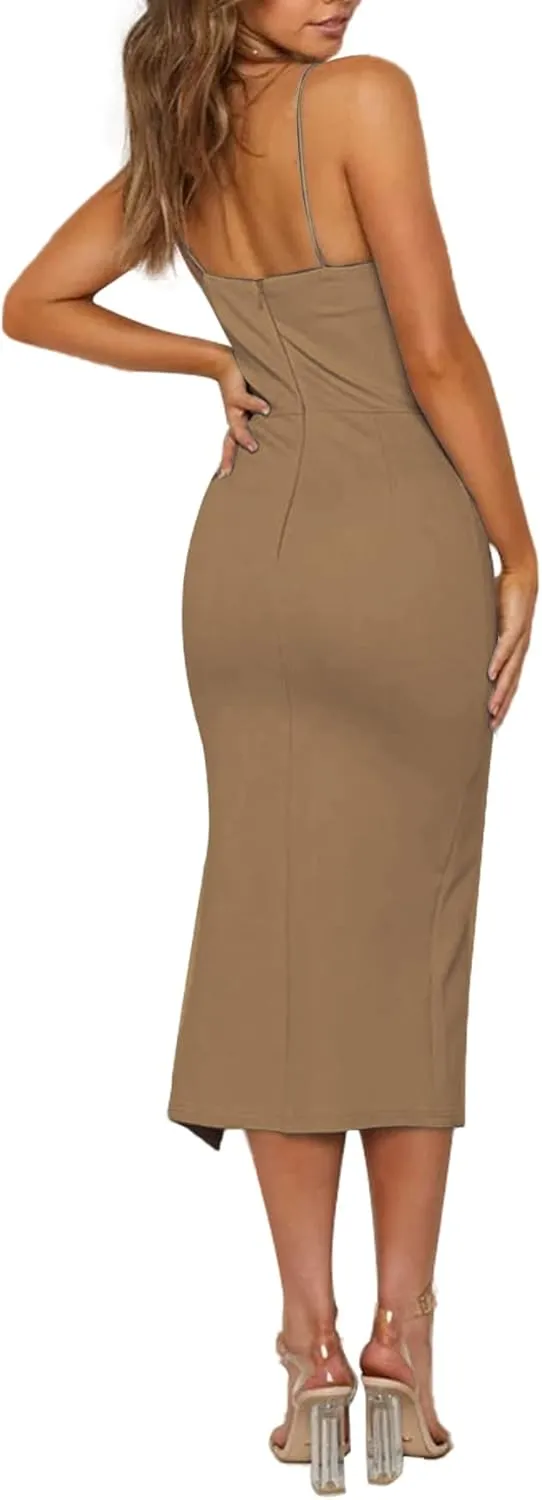 LYANER Women's Spaghetti Straps Split Hem Sleeveless Zipper Bodycon Midi Dress