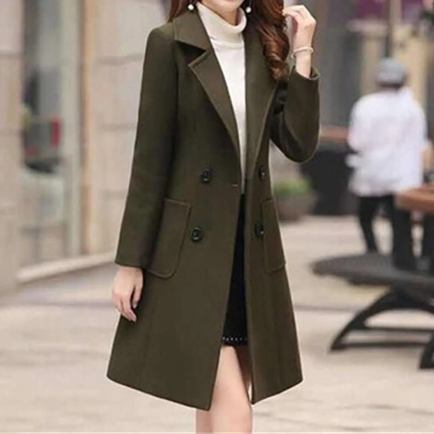 Maiyifu-GJ Womens Spring Fall Long Jackets Overcoat Notched Lapel Collar Double Breasted Coat Wool Blend Trench Coats