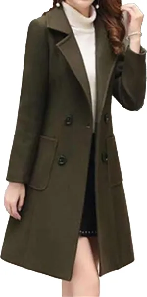 Maiyifu-GJ Womens Spring Fall Long Jackets Overcoat Notched Lapel Collar Double Breasted Coat Wool Blend Trench Coats