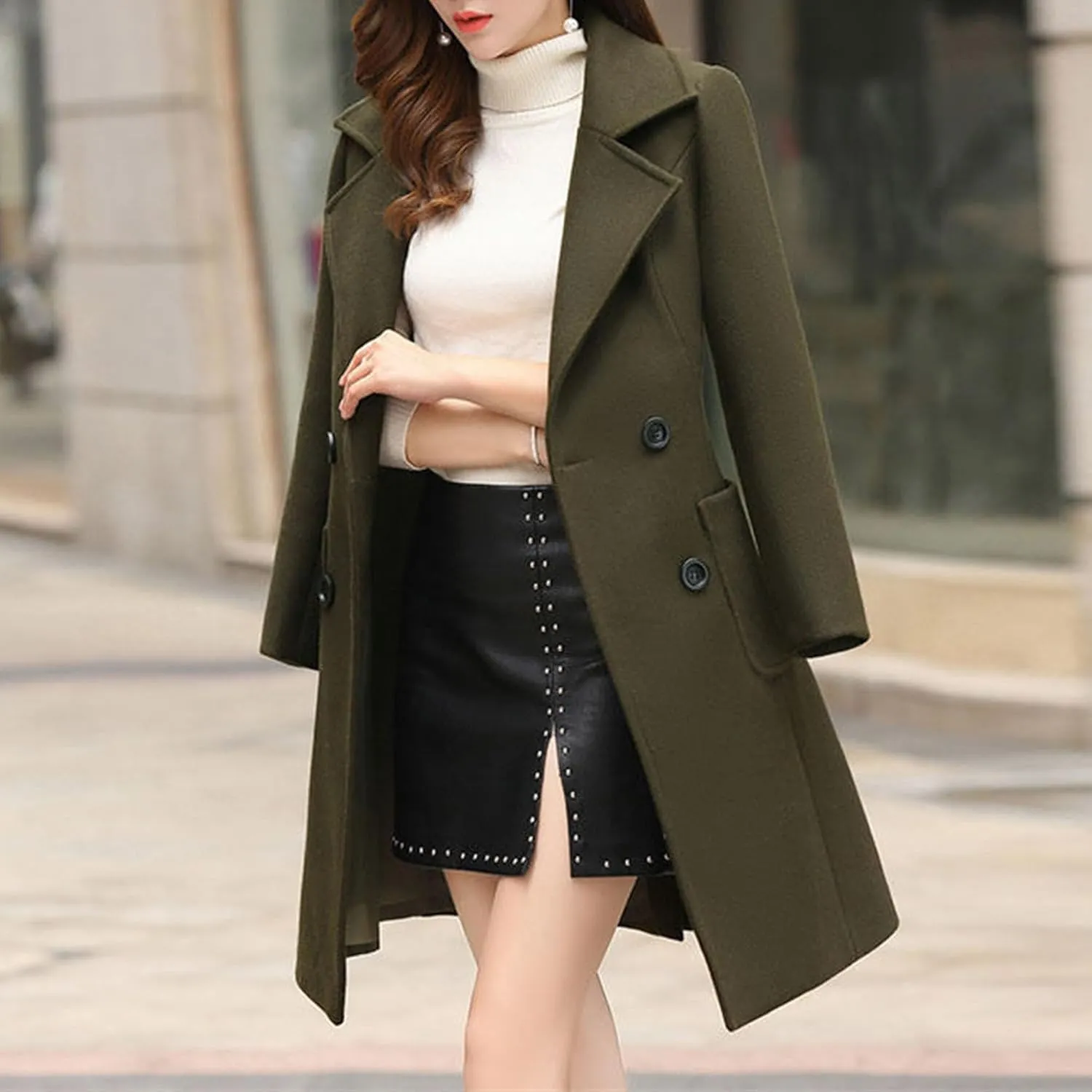 Maiyifu-GJ Womens Spring Fall Long Jackets Overcoat Notched Lapel Collar Double Breasted Coat Wool Blend Trench Coats