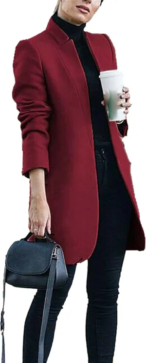 Maiyifu-GJ Womens Stand Collar Wool Blend Coats Casual Warm Open Front Cardigan Trench Overcoat Mid Long Slim Fit Jackets