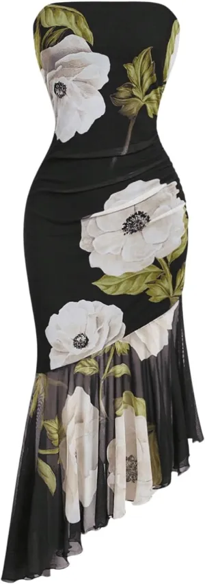 MakeMeChic Women's Floral Tube Top Dress Strapless Ruched Ruffle Hem Bodycon Long Dresses