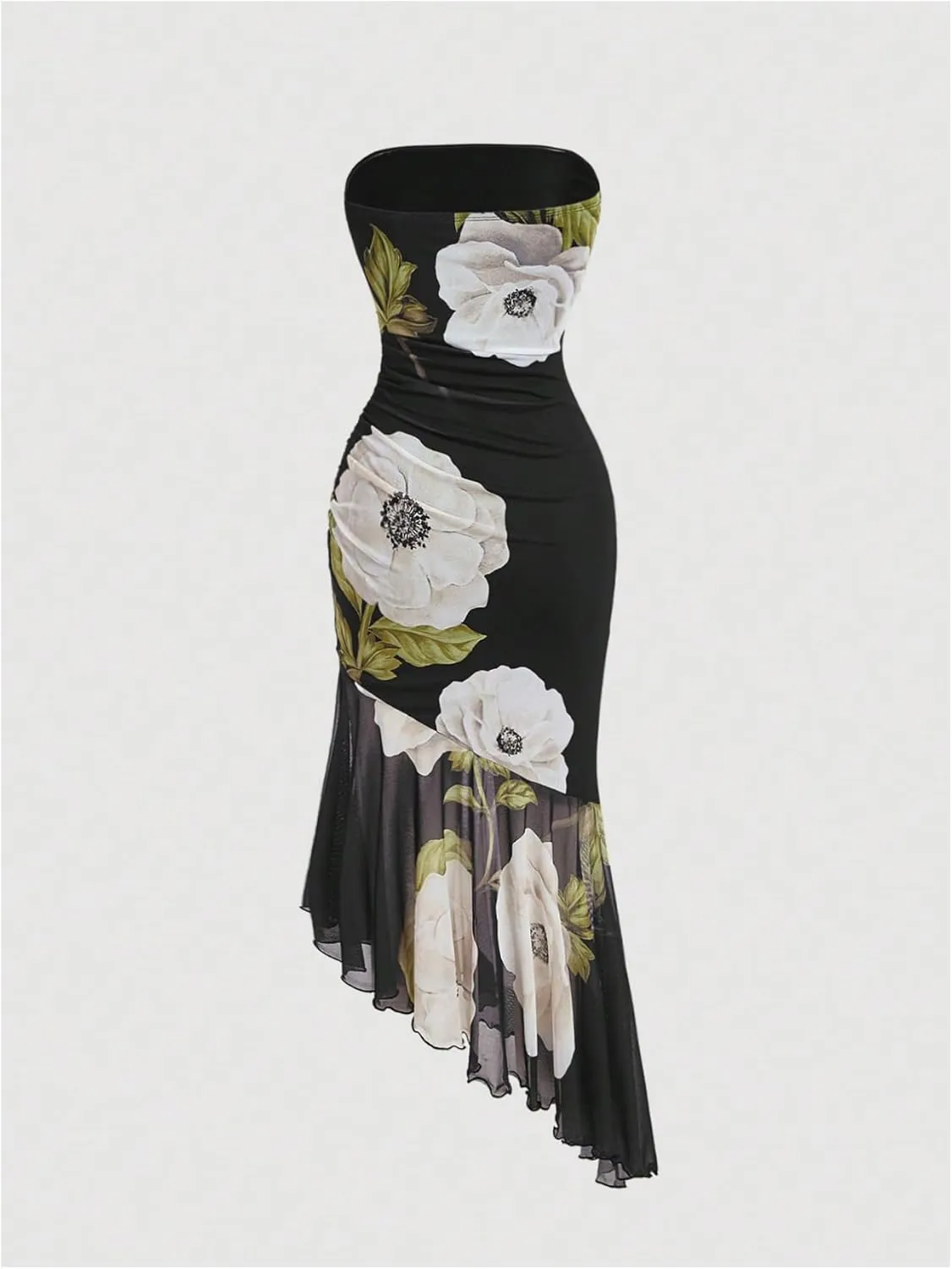 MakeMeChic Women's Floral Tube Top Dress Strapless Ruched Ruffle Hem Bodycon Long Dresses