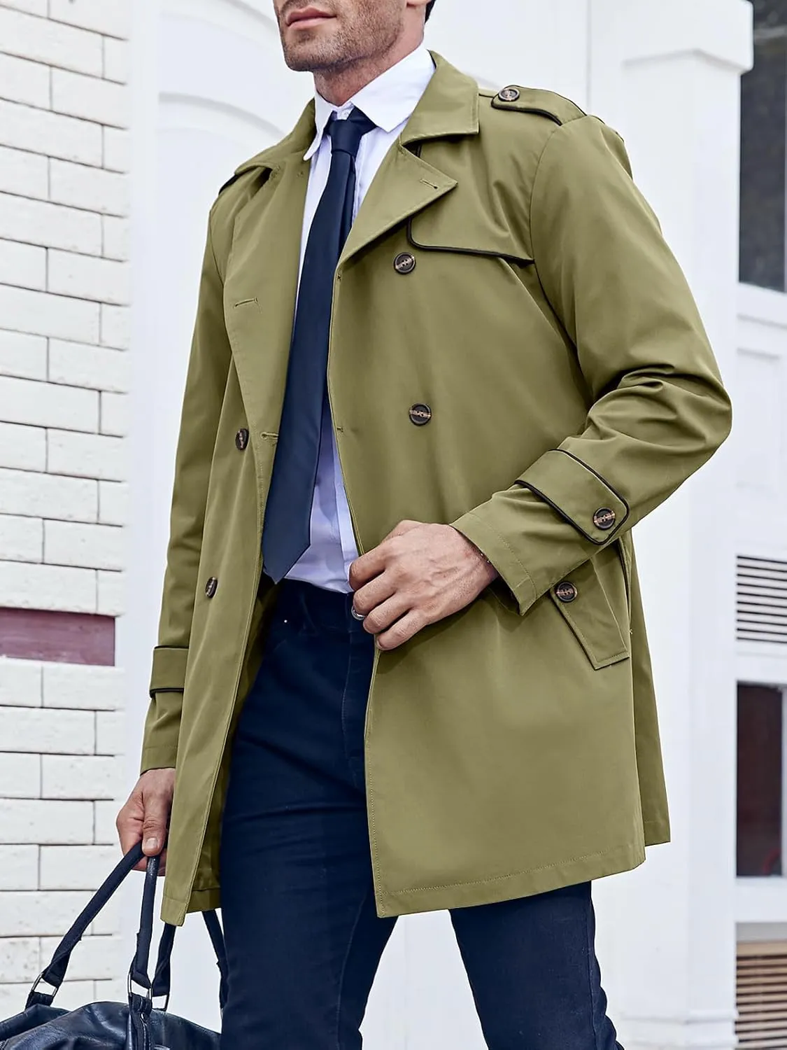 Makkrom Men's Trench Coat Slim fit Double Breasted Notched Lapel Belted Windbreaker Long Jacket Casual Windproof Overcoat
