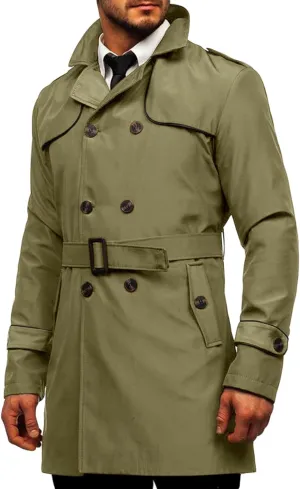 Makkrom Men's Trench Coat Slim fit Double Breasted Notched Lapel Belted Windbreaker Long Jacket Casual Windproof Overcoat