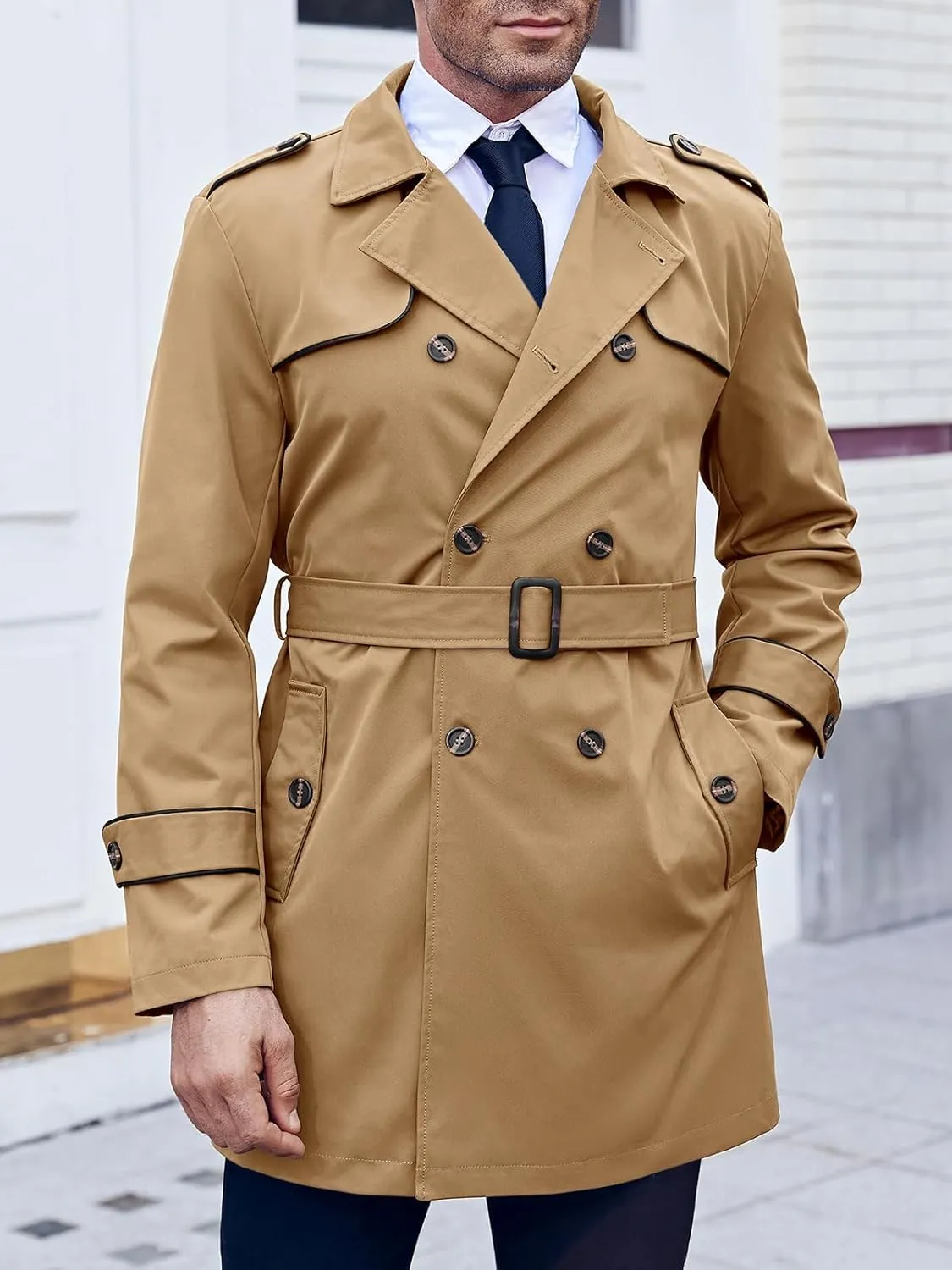 Makkrom Men's Trench Coat Slim fit Double Breasted Notched Lapel Belted Windbreaker Long Jacket Casual Windproof Overcoat