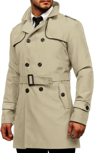 Makkrom Men's Trench Coat Slim fit Double Breasted Notched Lapel Belted Windbreaker Long Jacket Casual Windproof Overcoat