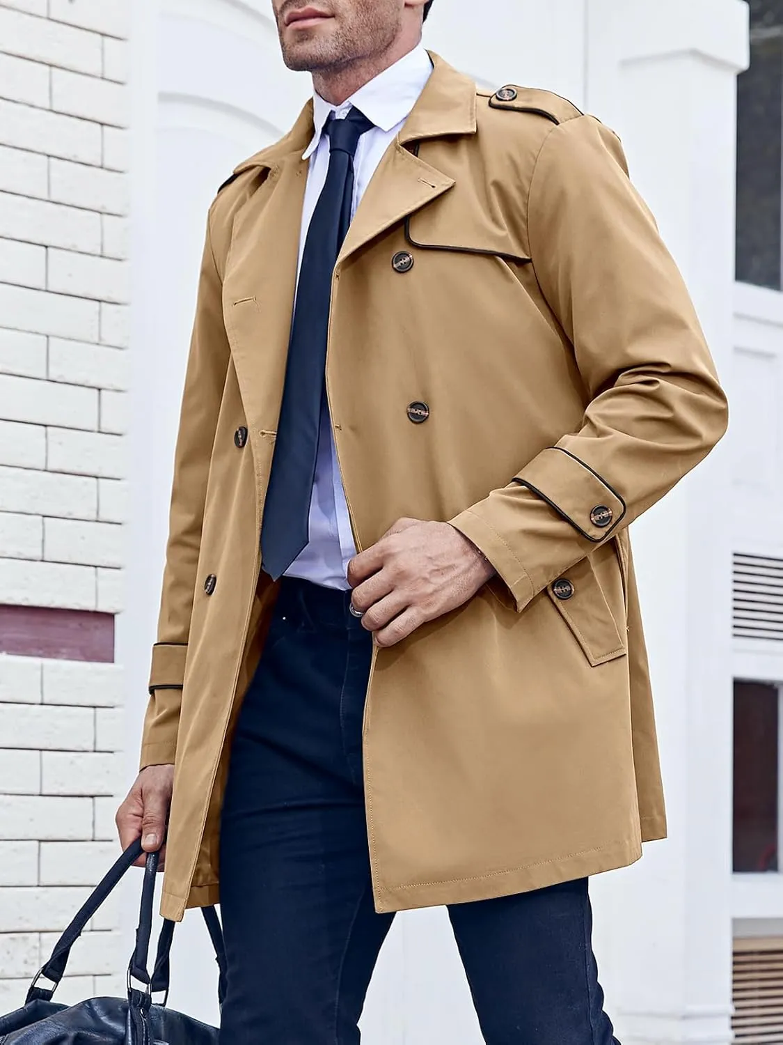 Makkrom Men's Trench Coat Slim fit Double Breasted Notched Lapel Belted Windbreaker Long Jacket Casual Windproof Overcoat