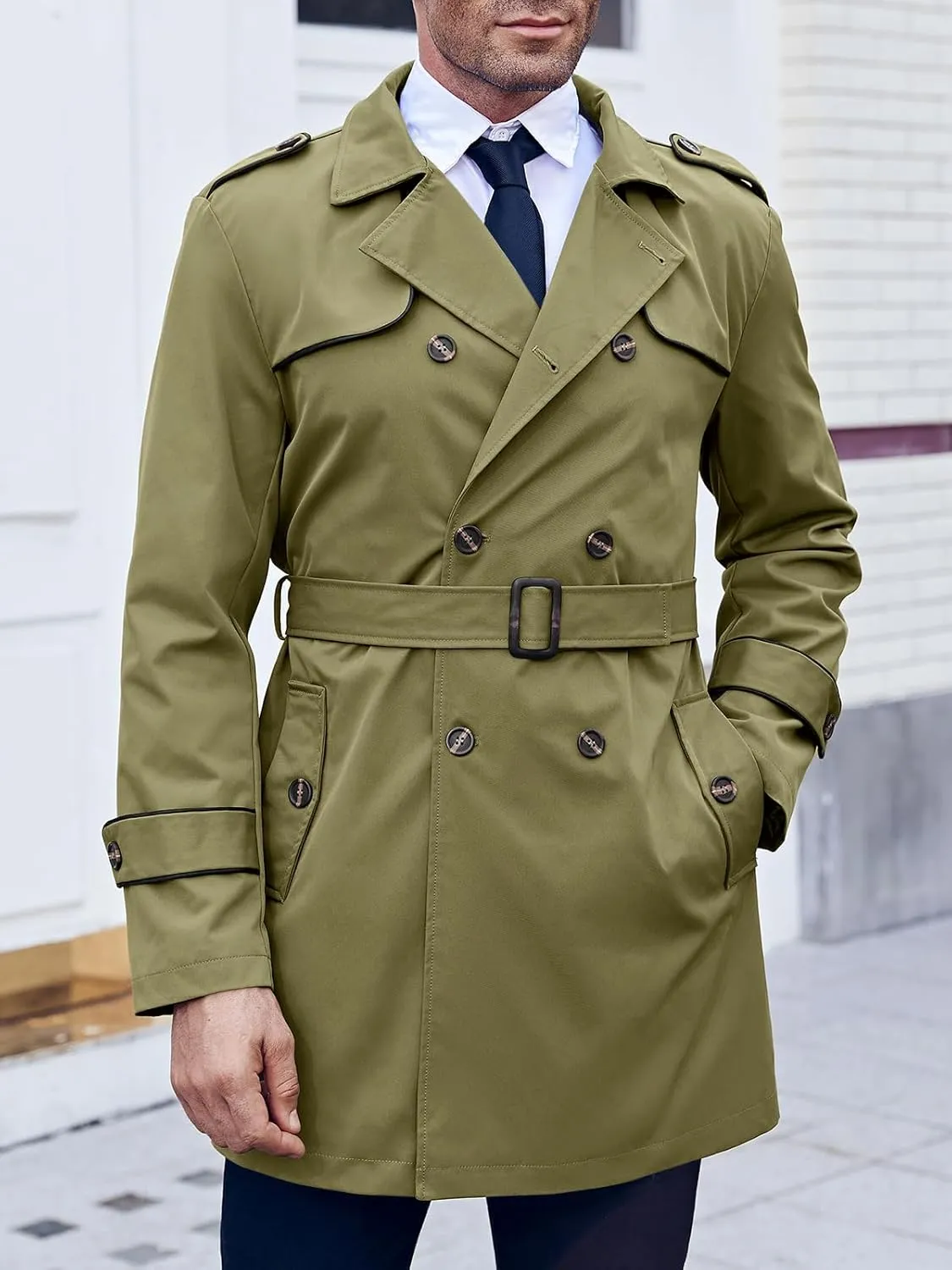 Makkrom Men's Trench Coat Slim fit Double Breasted Notched Lapel Belted Windbreaker Long Jacket Casual Windproof Overcoat