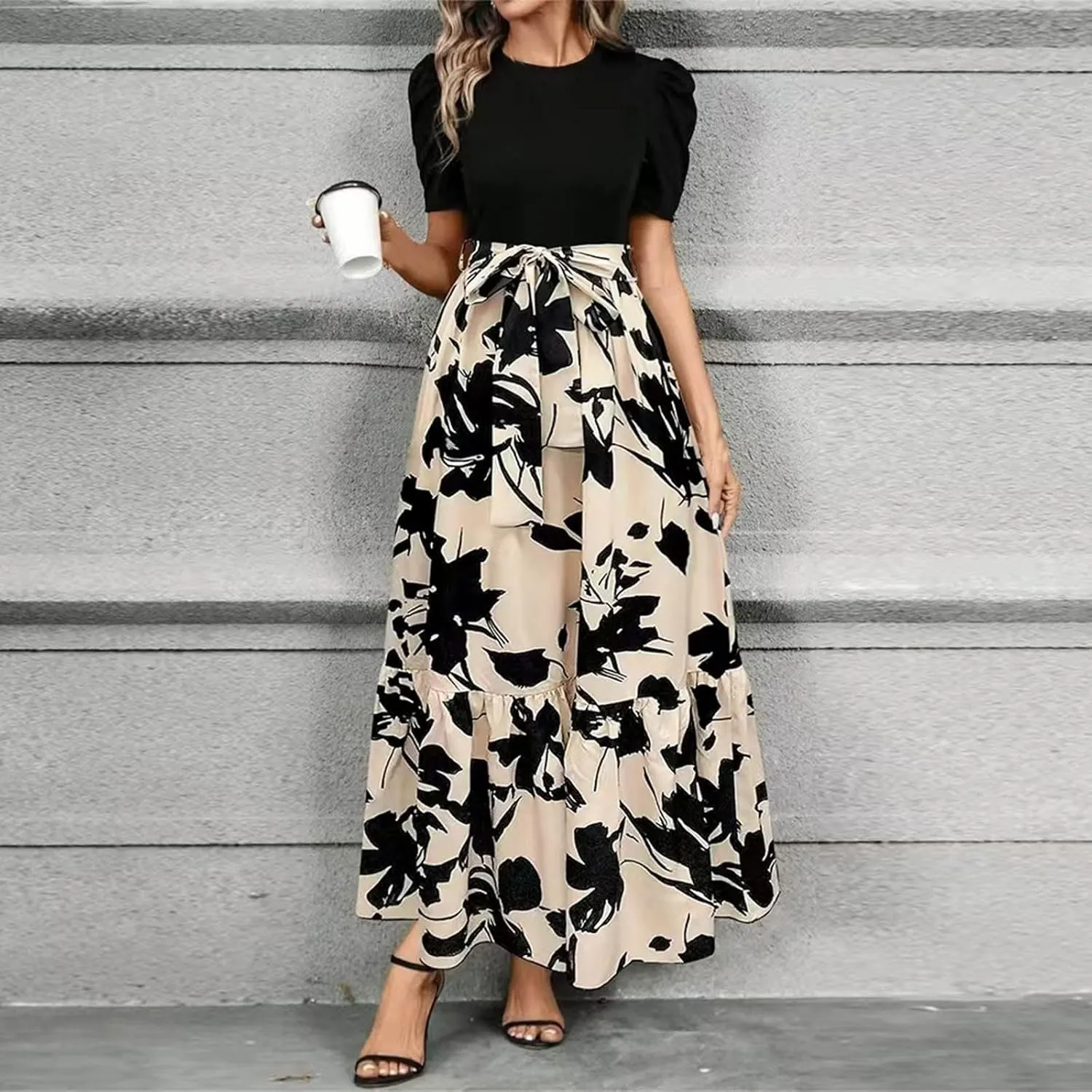 Maxi Dresses for Women 2025 Formal Wedding Guest Tie Waist Belted Puff Sleeve Patchwork A Line Swing Dress