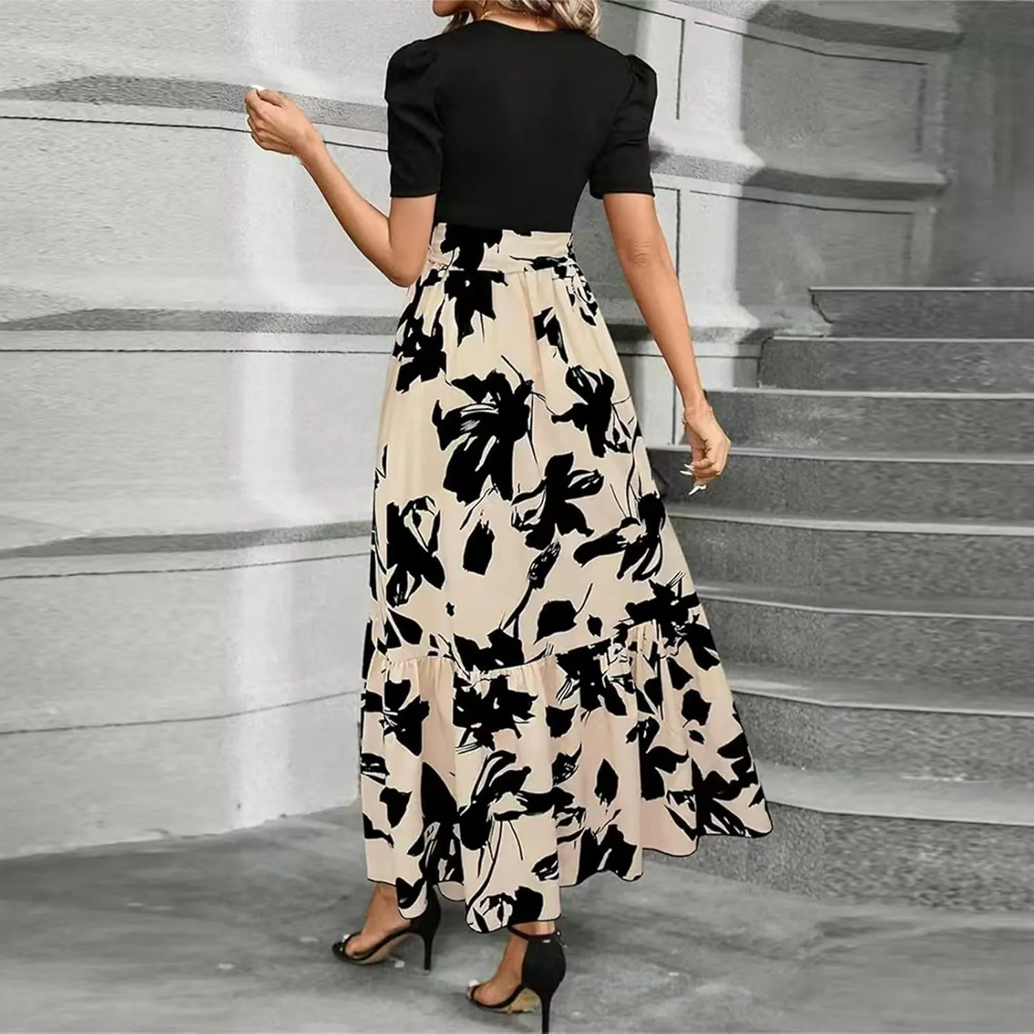 Maxi Dresses for Women 2025 Formal Wedding Guest Tie Waist Belted Puff Sleeve Patchwork A Line Swing Dress