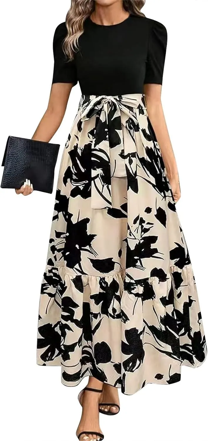 Maxi Dresses for Women 2025 Formal Wedding Guest Tie Waist Belted Puff Sleeve Patchwork A Line Swing Dress