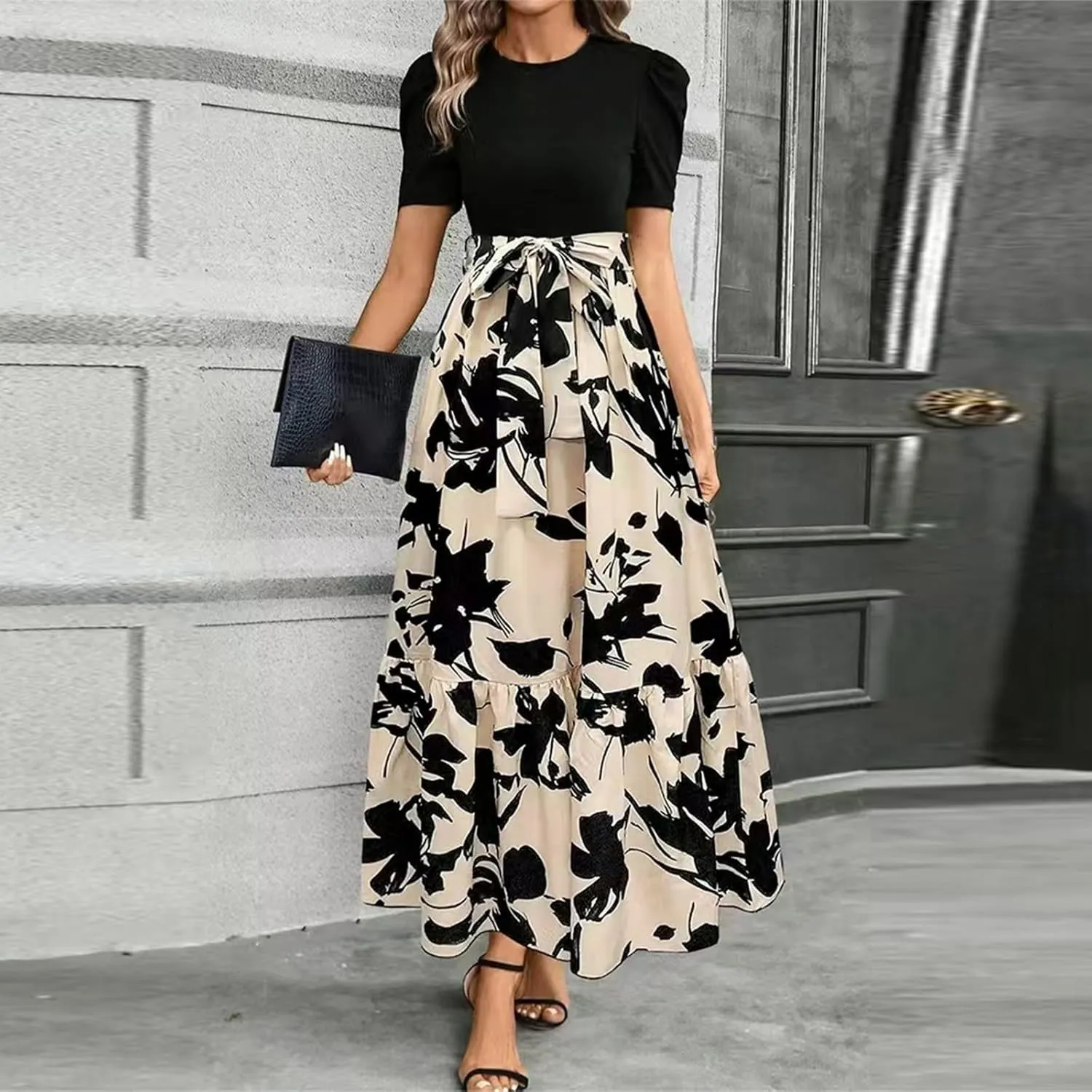 Maxi Dresses for Women 2025 Formal Wedding Guest Tie Waist Belted Puff Sleeve Patchwork A Line Swing Dress