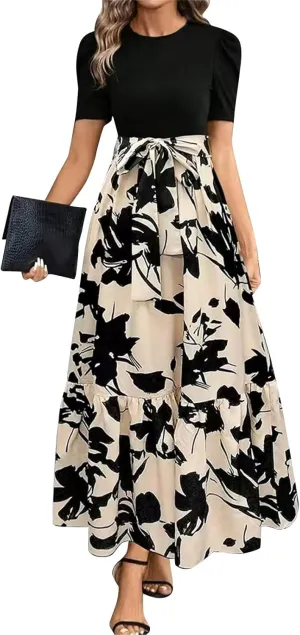 Maxi Dresses for Women 2025 Formal Wedding Guest Tie Waist Belted Puff Sleeve Patchwork A Line Swing Dress