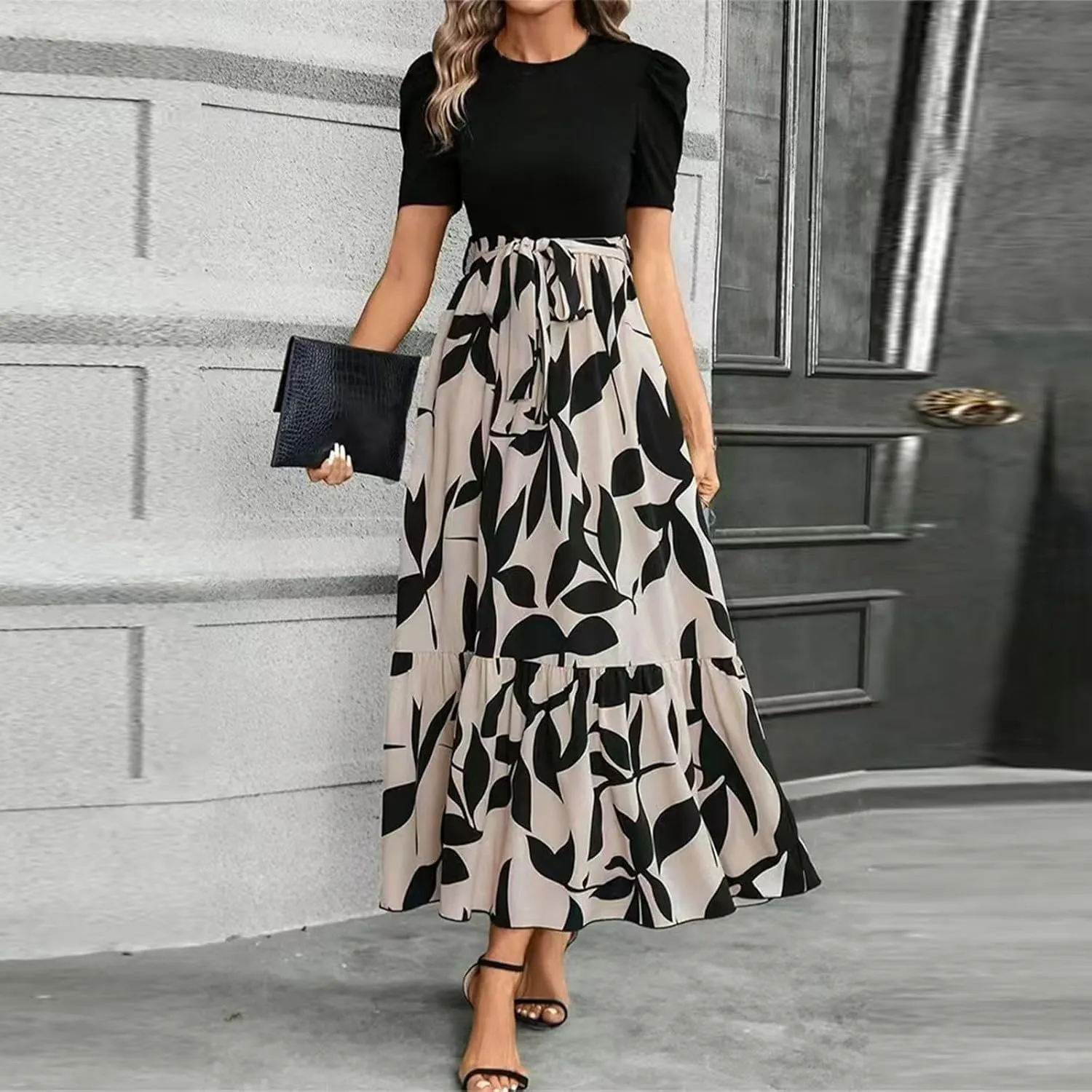Maxi Dresses for Women 2025 Formal Wedding Guest Tie Waist Belted Puff Sleeve Patchwork A Line Swing Dress