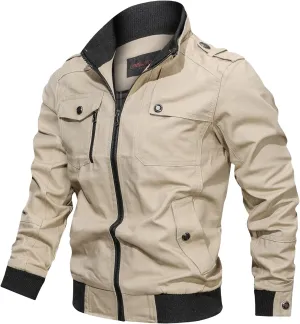 Men's Casual Military Jacket Stand Collar Jackets Coats Fashion Bomber Jackets with Shoulder Straps Pockets