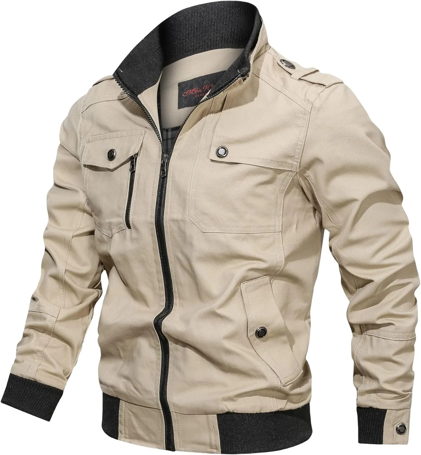 Men's Casual Military Jacket Stand Collar Jackets Coats Fashion Bomber Jackets with Shoulder Straps Pockets