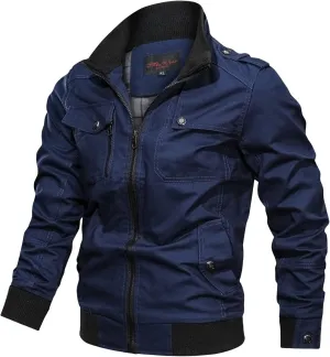 Men's Casual Military Jacket Stand Collar Jackets Coats Fashion Bomber Jackets with Shoulder Straps Pockets