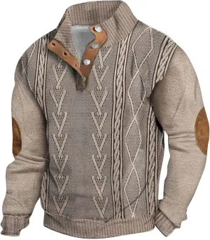 Men's Corduroy Sweatshirts Casual Printed Button Down Stand Collar Long Sleeve Henley Shirt Polo Pullover Sweatshirt