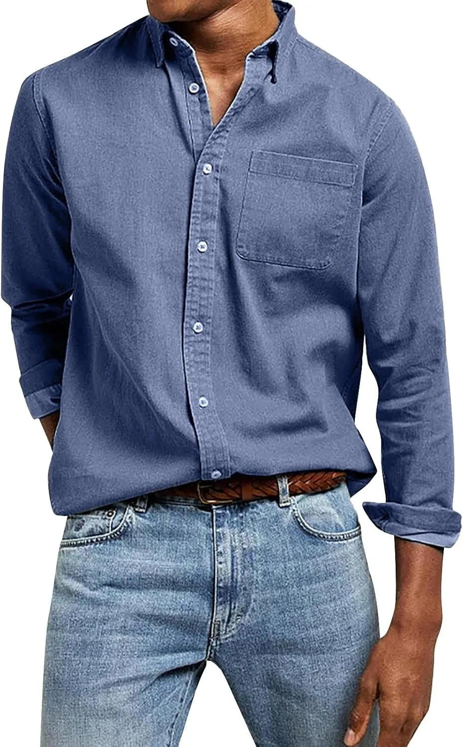 Men's Hiking Fishing Shirts Tactical Cargo Shirt Travel Work Long Sleeve Shirts for Men Quick Dry Chambray Tops