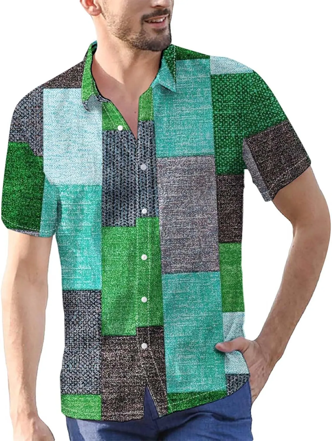 Mens Linen Shirt Hawaiian Short Sleeve Casual Cotton Button Down Shirts Color Block Hippie Lapel Collared Summer Beach Shirts