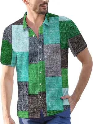 Mens Linen Shirt Hawaiian Short Sleeve Casual Cotton Button Down Shirts Color Block Hippie Lapel Collared Summer Beach Shirts