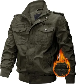 Men's Multi Pockets Cotton Cargo Jackets Zip Front Stand Collar Military Jackets Casual Loose Bomber Jacket