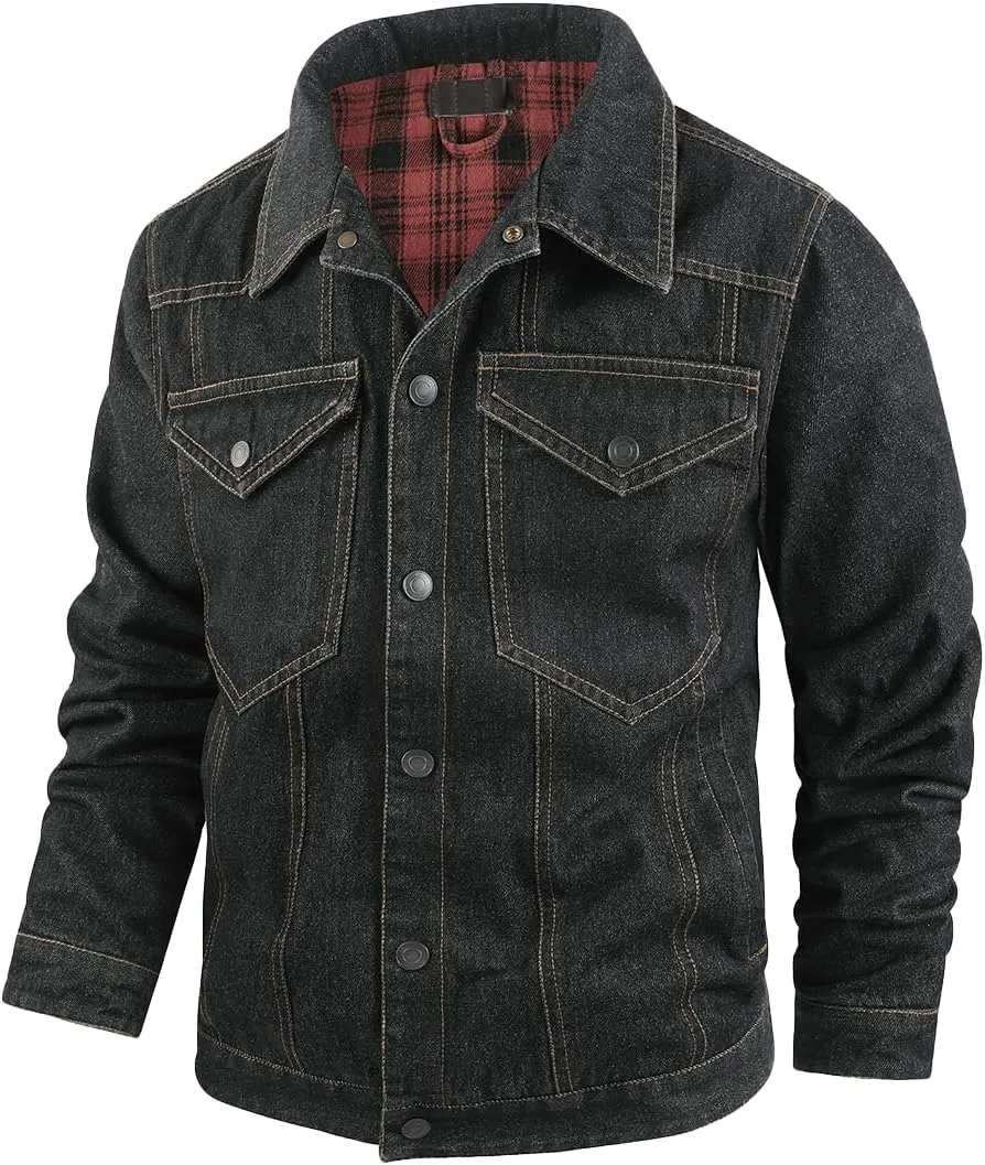 Mens Plaid Denim Jackets Button Down Jean Coat Casual Long Sleeve Vintage Trucker Jackets Outwear