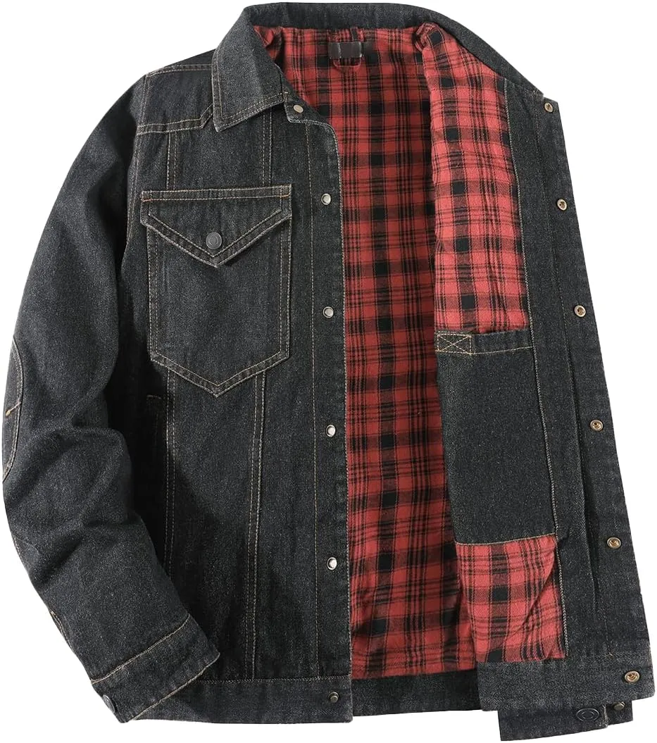 Mens Plaid Denim Jackets Button Down Jean Coat Casual Long Sleeve Vintage Trucker Jackets Outwear