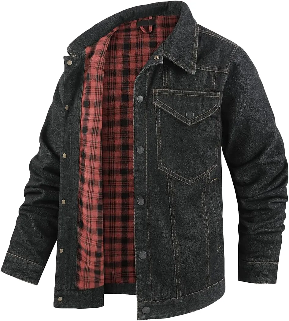 Mens Plaid Denim Jackets Button Down Jean Coat Casual Long Sleeve Vintage Trucker Jackets Outwear