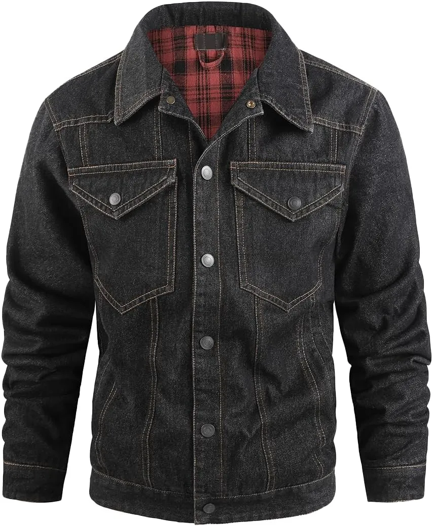 Mens Plaid Denim Jackets Button Down Jean Coat Casual Long Sleeve Vintage Trucker Jackets Outwear