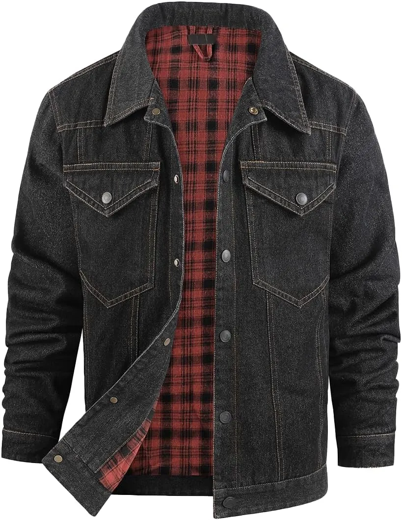 Mens Plaid Denim Jackets Button Down Jean Coat Casual Long Sleeve Vintage Trucker Jackets Outwear