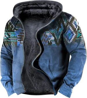 Men's Sherpa-Lined Hooded Fleece Jacket,Aztec Graphic Hoodies Winter Coats Plus Size Zipper Slim Outwear with Pocket
