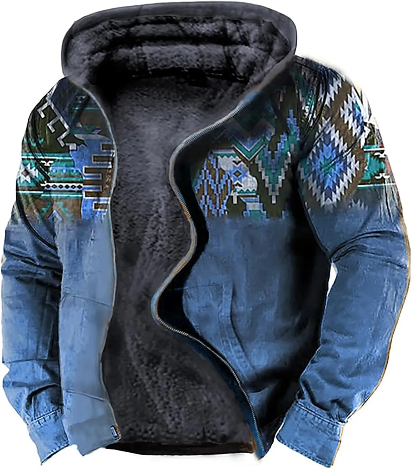 Men's Sherpa-Lined Hooded Fleece Jacket,Aztec Graphic Hoodies Winter Coats Plus Size Zipper Slim Outwear with Pocket
