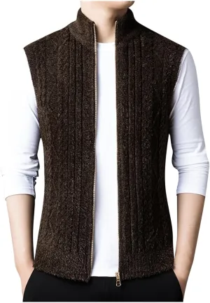 Mens Sweater Vest Chunky Knit Sleeveless Cardigan Sweaters Fashion Full Zipper Sports Vests Stand Collar Waistcoat