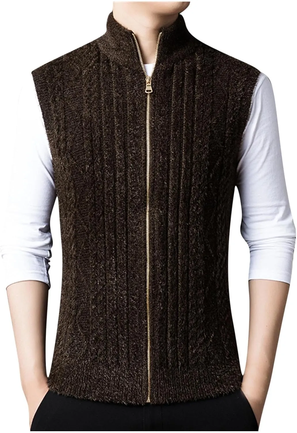 Mens Sweater Vest Chunky Knit Sleeveless Cardigan Sweaters Fashion Full Zipper Sports Vests Stand Collar Waistcoat